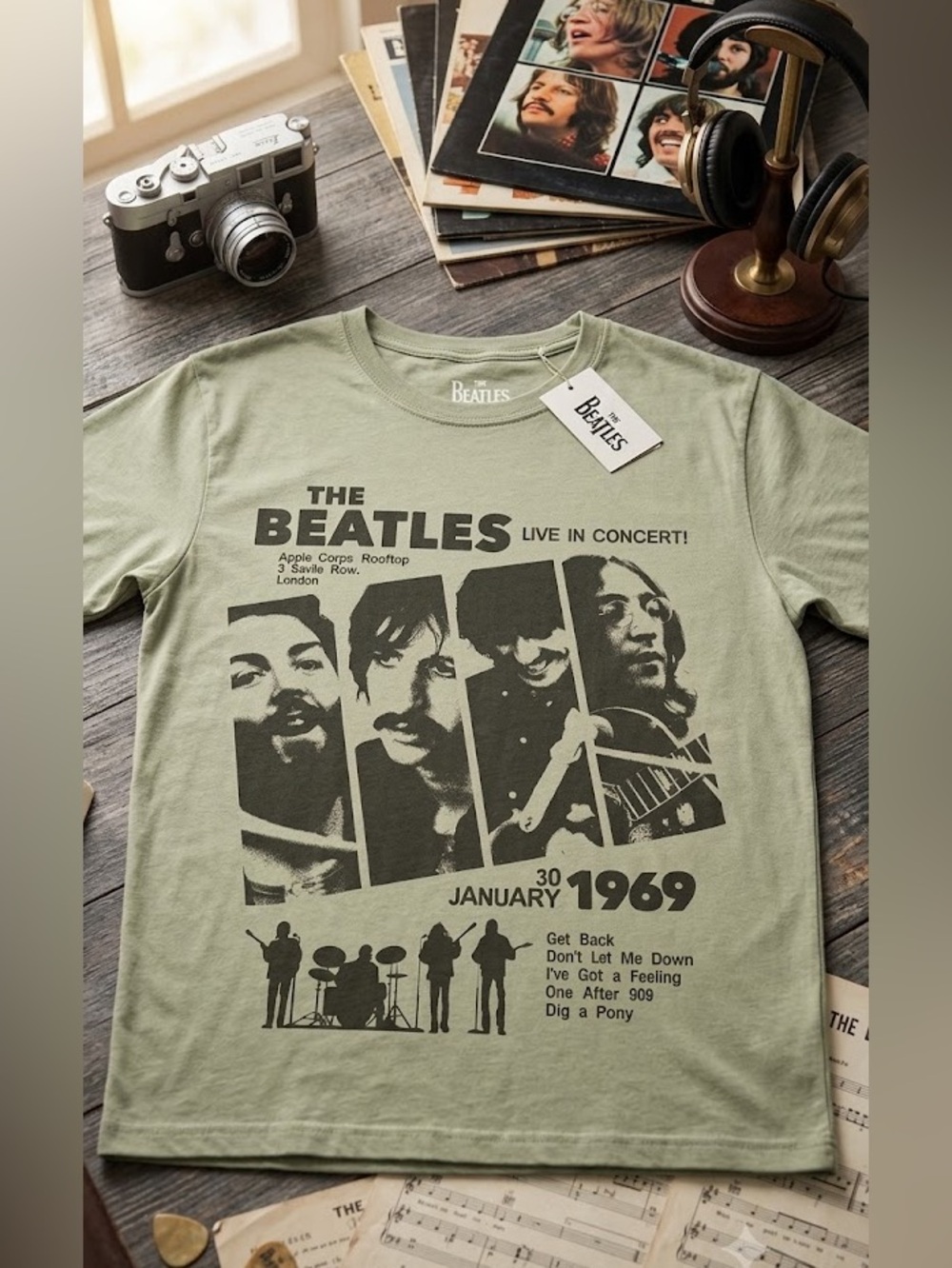 NWT The Beatles Rooftop Concert Graphic Tee Sage Green Band T-Shirt NWT XS/S/XXL - Picture 3 of 5